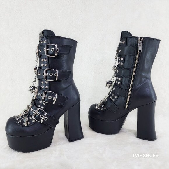Demonia Charade Mace Charms Platform Chunky Heel Goth Mid Calf Boots - Picture 3 of 13